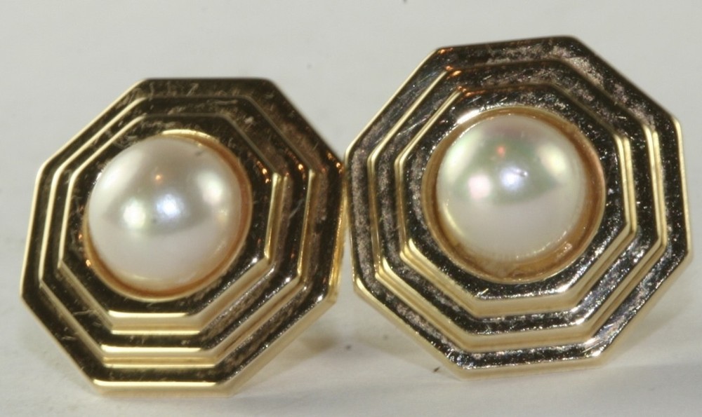 VINTAGE 1990’S 14K GOLD 5.7MM PEARL EARRINGS OCTAGONAL