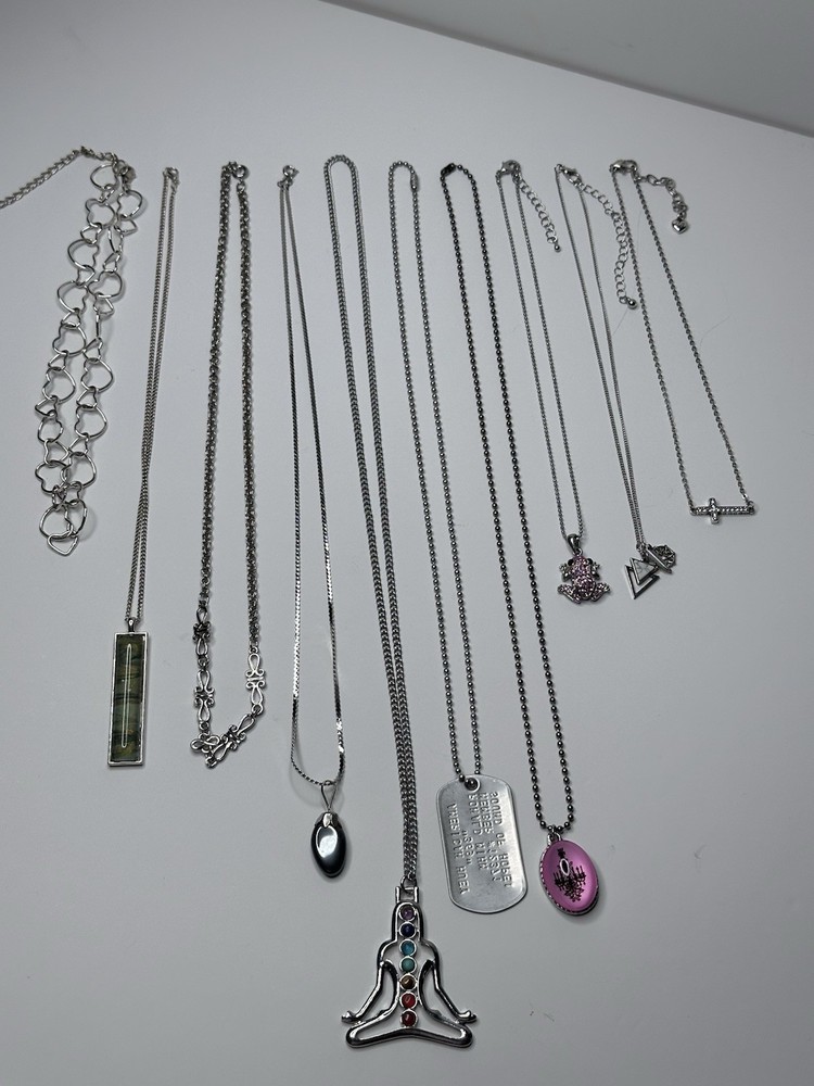 Silver Tone Necklace Lot 10pc: Yoga Chakras Cross Hearts Frog Spiritual Jewelry