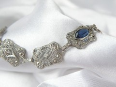 Art Deco Sterling Silver Sapphire Paste Filigree Station Antique Bracelet 7.5″