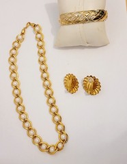 Vintage 3 Piece Lot Earrings Clip Bracelet Necklace, Goldtone