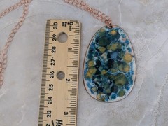 Vintage Enamel on Copper Turquoise Pendant Necklace, Mid Century Modern, 2.5″