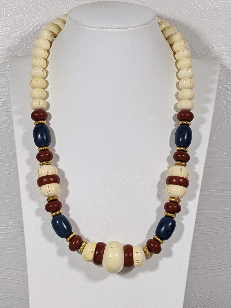 Vintage Ivory Color Blue Brown Acrylic Beaded Tribal Style Chunky Necklace 21 in