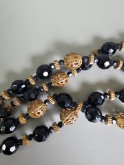 VTG Black Faceted Bead Gold Filigree Tassel Pendant Necklace Clip Earring Set