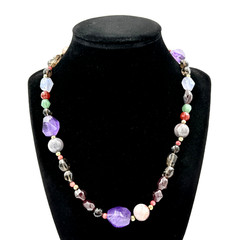 Spectacular 14K Gold Amethyst Garnet Quartz Chalcedony Beaded Necklace