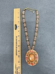 Vintage Chicos Statement Necklace Large Pink Peach Rhinestone Pendant Beaded