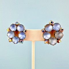 Vintage Clip On Earrings Baby Blue AB Rhinestone Frosted Glass Cabochon Stones