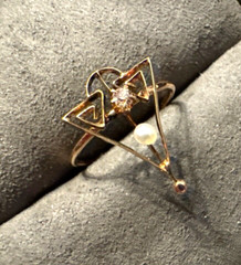 Victorian 14K Gold Triangular Framed Antique Cut Diamond and Seed Pearl Ring