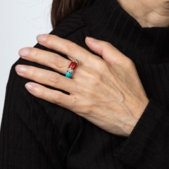 70s Vintage Turquoise Coral Diamond Band Sz 5 Ring 18k Yellow Gold Fine Jewelry