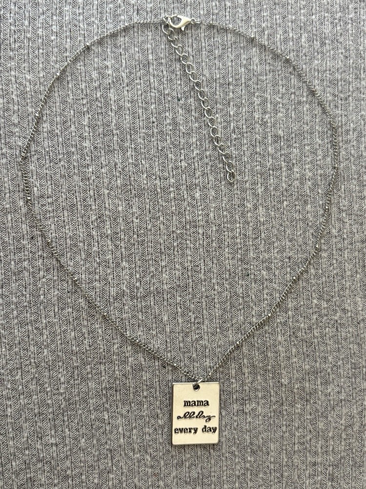 Silver tone “mama all day everyday” etched on square pendant adjustable necklace