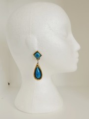 Vintage Artisan Gold Plated with Blue Ceramic Pottery Teardrop Clip On Earrings