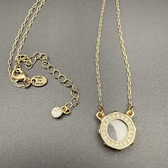 Vintage Gold Tone Glass Charm Rhinestone Halo Pendant Necklace Adjustable Chain