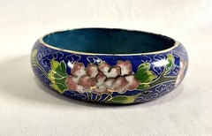 Vintage Wide Floral Blue Background Cloisonne Bangle Bracelet 3 1/8” Diameter