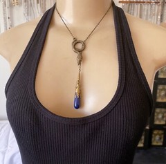 Lariat Necklace Egyptian Revival Coiled Snake Pendant Blue Lapis Lazuli Drop