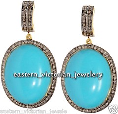 Vintage 2.25Ct Rose Cut Diamond Turquoise Studded Silver Amazing Earring Jewelry