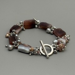 Artisan 925 Sterling Silver Banded Agate Pearl Bracelet Toggle Clasp 7″ Vintage