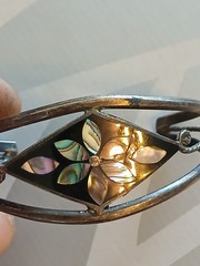 Vintage Alpaca Mexico Silver Cuff Bracelet Onyx Stone MOP Inlay Flower