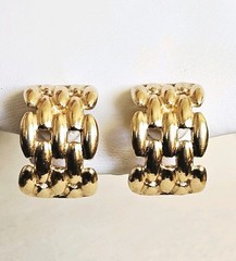 VTG Christian Dior Earrings Gold Plated Chain Basket Weave Half Hoop ClipOn .75″