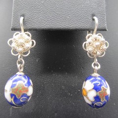 Vintage Cloisonne Necklace Earrings Leverback Signed Silver Tone 27 Inch