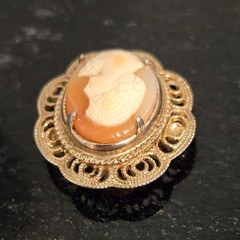 Vintage Cameo Brooch Carved Shell Portrait 1920s Orange White ornate filagree
