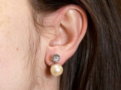 Vintage Cultured Pearl and 1.07Ct Diamond Platinum Earrings Circa 1950