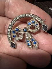 Antique R-F Silver Tone Blue Rhinestones Bow Ribbon Arch Brooch Locking Pin