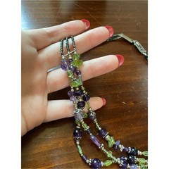 Vintage Sterling Silver Amethyst Peridot Triple Strand Beaded Necklace 17.75”