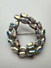 Vintage B. David Aurora Borealis Rhinestone Wreath Brooch Pin Silver Tone Signed