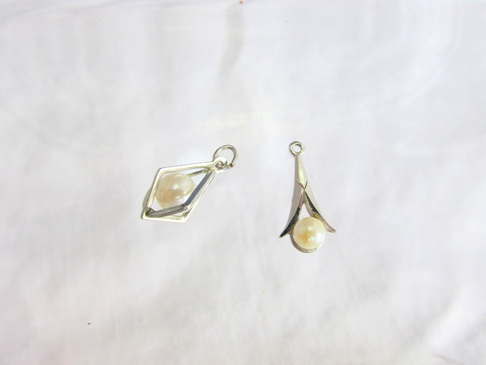 2 Pc Lot Vintage 4mm & 6mm Cultured Pearl Sterling Silver Pendants ONLY