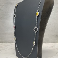 Lia Sophia Gumdrop silvertone necklace w/crystal stations in pink green & yellow