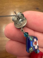 Sterling Silver Vintage 925 Blue Enamel Flower Square Statement Dangle Earrings