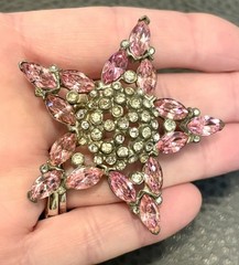 Vintage Large 2.25” Star Dome Art Deco Pink Rhinestone Pot Metal Brooch Pin