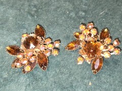 Vintage earrings. Aurora Borealis/ Amber rhinestone. Clip. Antique collectible