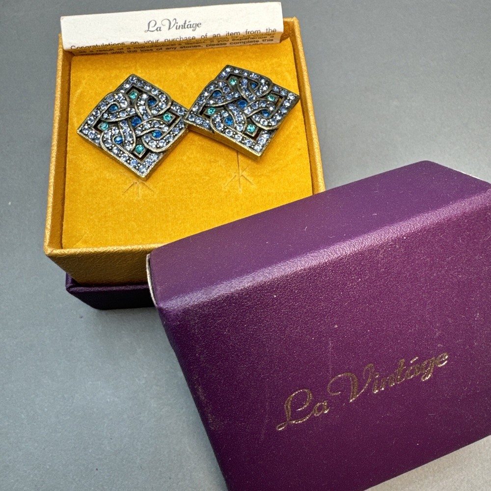 LaVintage Signed Art Deco Style Blue Rhinestone Antiqued Brass Earrings NIB
