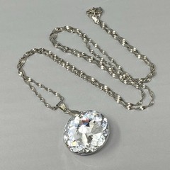 Crystal Pendant Necklace Large Round Faceted Rivoli Silver Tone Twist Chain Long