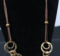 Long Gold Tone Circle Link Necklace Hammered Rings Brown Cord