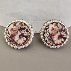 Vintage Sugared Flowers Clip On Earrings West Germany Round Faux Pearls 7/8″