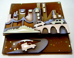 Rare Vtg House Pins By Lucinda New York City Cityscape bridges done in 2 level