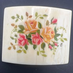 Antique Celluloid Brooch Pin Floral Hand Painted Signed Trombone Clasp