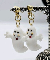 Halloween Earrings Ghost Shape Dangle Clip On Plastic Gold tone 2.5 in