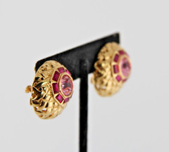 Nolan Miller Gold Tone Pink Crystals Clip Earrings Adjustable Tension, High End
