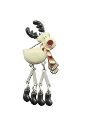 Vintage Enamel Christmas Reindeer Pin Brooch Swinging Articulated Legs