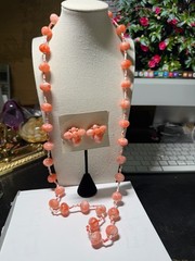 Vintage Japan Necklace Earrings Set Plastic Glass Orange White 36 in NOS