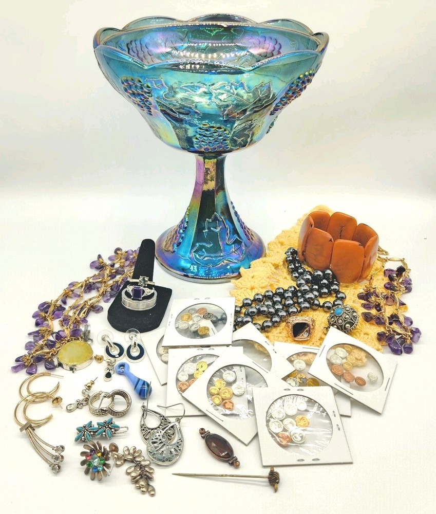Estate Mixed Jewelry Lot + Mini Coins + Carnival Glass Bowl Unsearched Untested