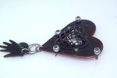 Artisan Hand Wrought Mixed Metals Heart Hand Drop Pin Brooch