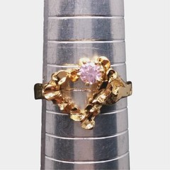 Heart 14K Gold Plated Ring Vintage Pink Cubic Zirconia Stone Nugget Textured