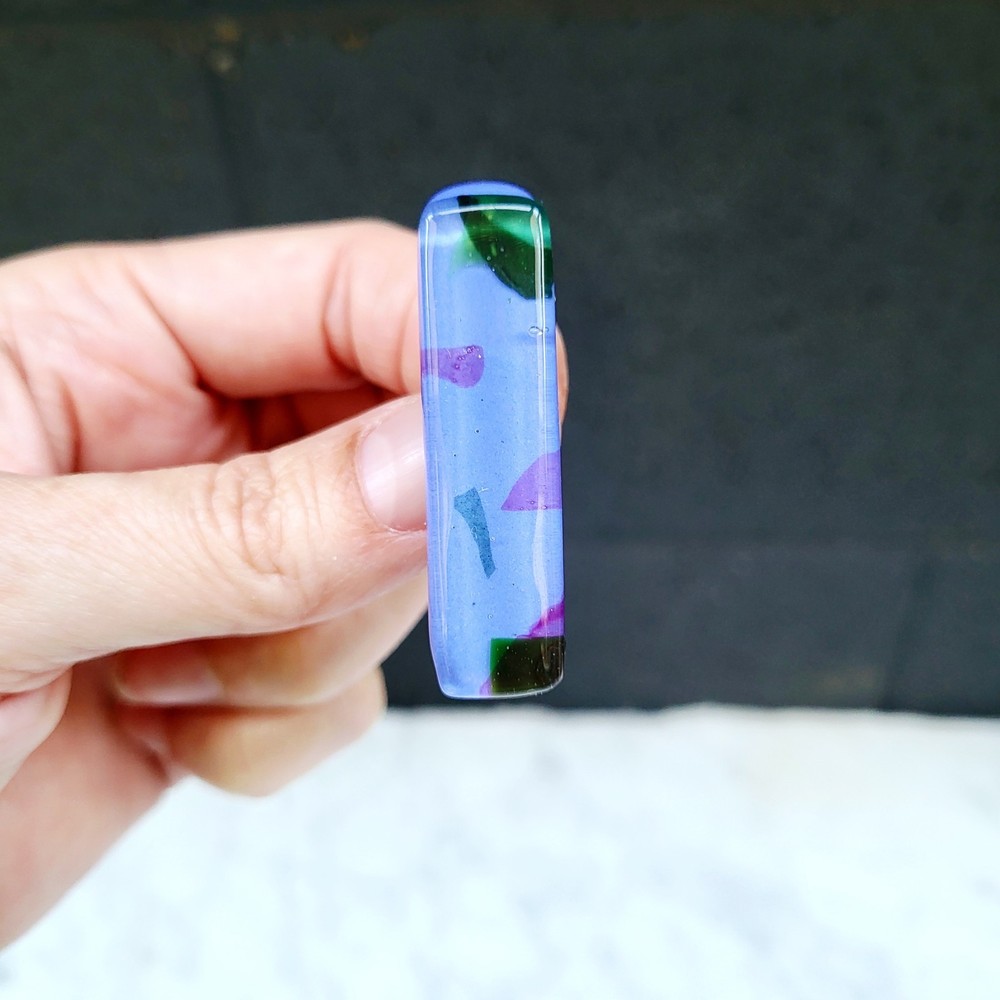 Fused Art Glass Brooch Pin Modernist Abstract Geometric Blues & Purples & Greens
