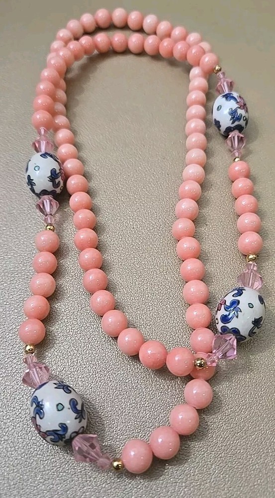 VTG Chinese Export Pink Agate Necklace Cloisonne Bead Briolette 30″