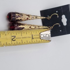 Vintage Red Glass Teardrop Earrings Gold Filigree Dangle Drop Victorian Style