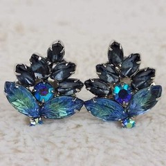 1950s Vintage Clip Leaf Earrings with Blue and Aurora Borealis Rhinestones – 195