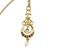 Antique Edwardian 9K Gold Pearl Lavalier Pendant Necklace 17 Inch